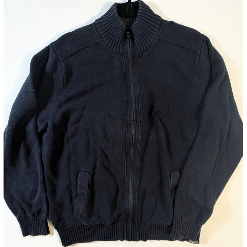 Eddie Bauer Full Zip Cardigan Mens XL Navy Blue Excellent Cotton Mock Neck